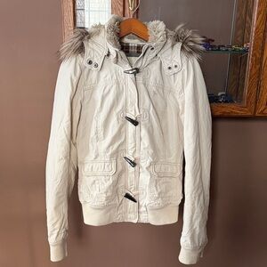 Y2K Abercrombie & Fitch Beige Toggle Jacket with Faux Fur Hood